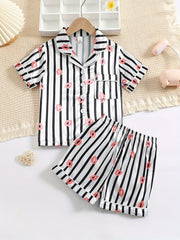 Girls Cat Graphic Pajama Set Button Top & Shorts Summer Sleepwear