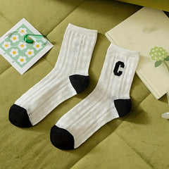 3 Pairs Letter Embroidery Mesh Socks Women's Mid Tube Stockings