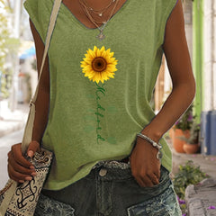 Sunflower & Letter Print V Neck Tank Top Summer Sleeveless Tank
