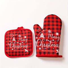 2pcs Merry Christmas Kitchen Gloves Heat Insulation Oven Mitts