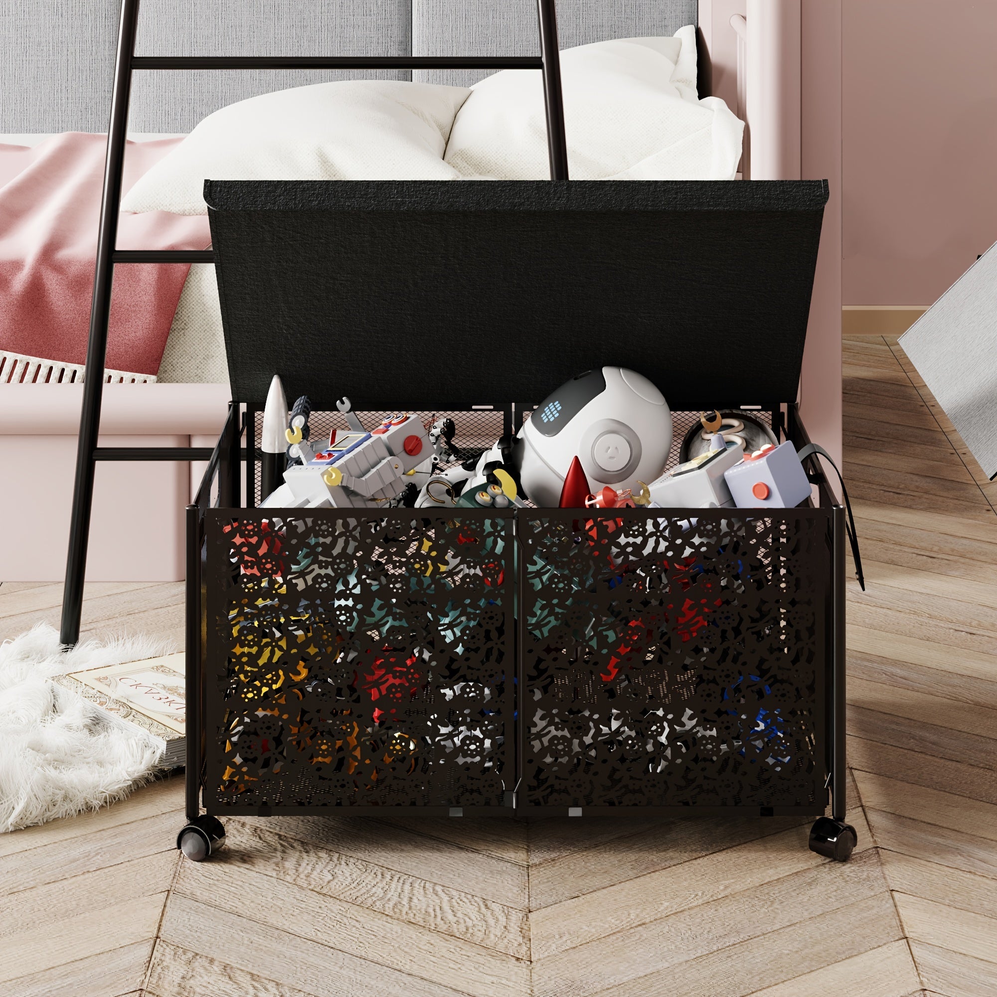 Foldable Oversized Storage Bin Metal Toy Box With Wheels And Lid