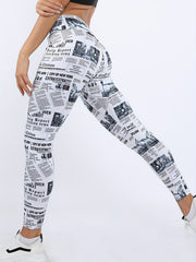 Newspaper Pattern Fitness Gym Leggings High Waist Yoga Workout Running Pants