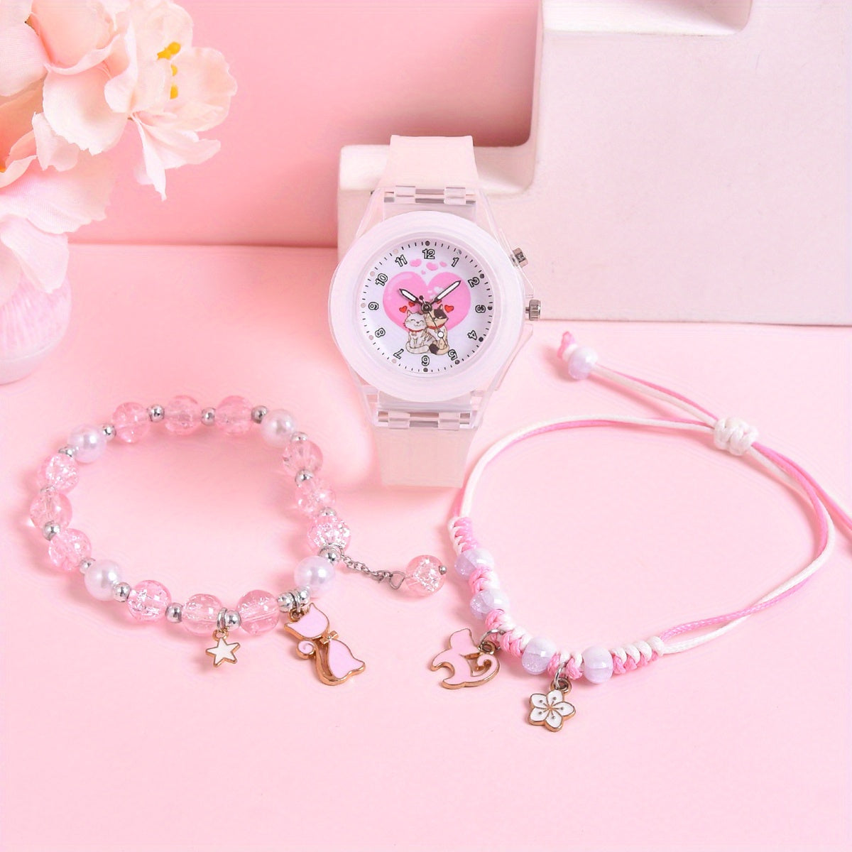 Girls' Cartoon Cat Watch Gift Set with Pendant Bracelet