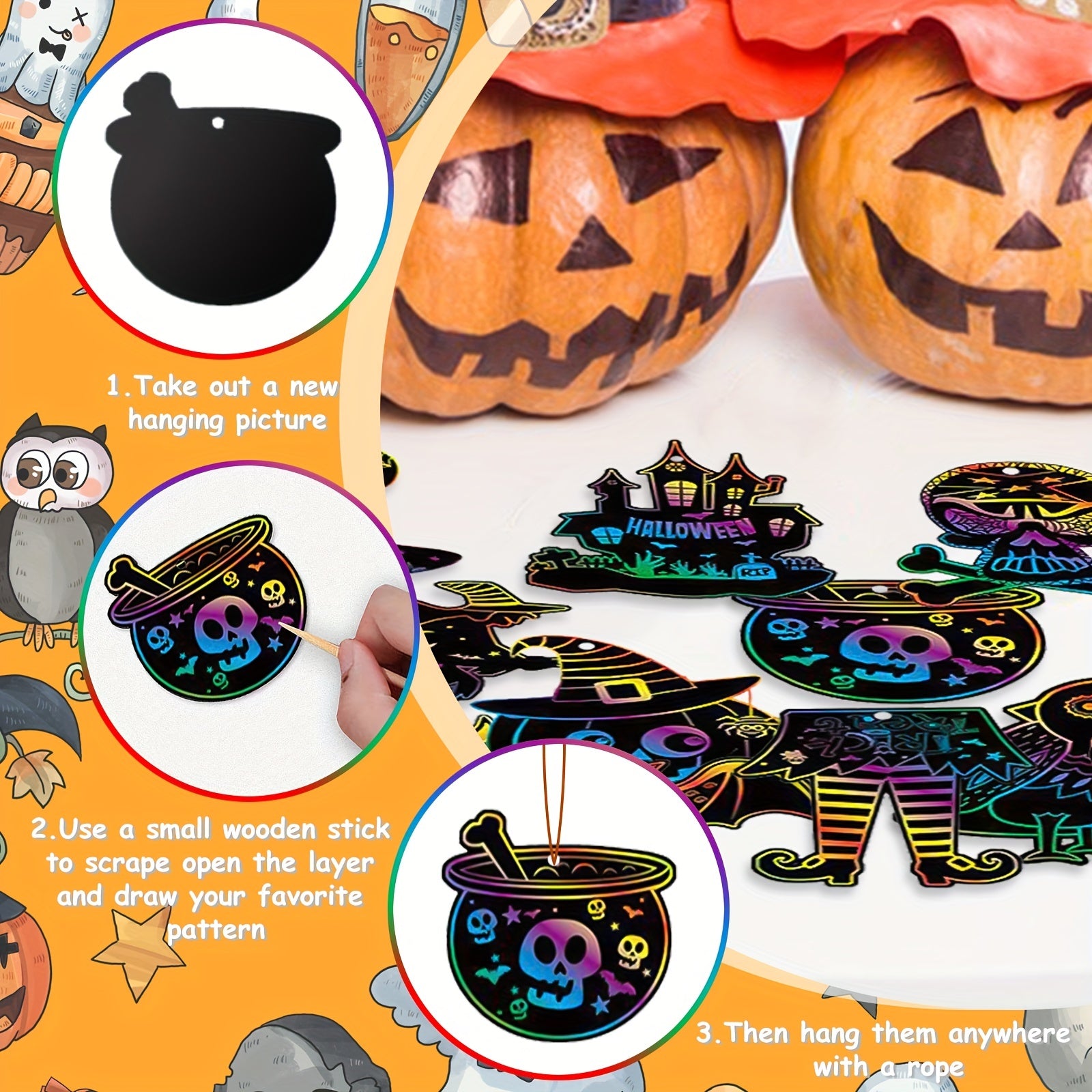 36pcs Halloween Scratch Masks DIY Theme Party Toys Scratch Paper Halloween Props