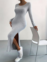 Solid Ribbed Lounge Dress Soft & Comfy Long Sleeve Side Split Home Dress