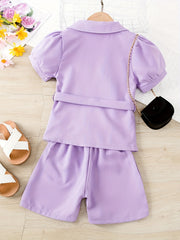 Girl's Puff Sleeve Blazer & Shorts Set Casual Outfits Kids Clothes For Summer