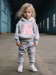 Kids 2pcs Piggy Family Print Hooded Pullover Pants Set For Spring Fall