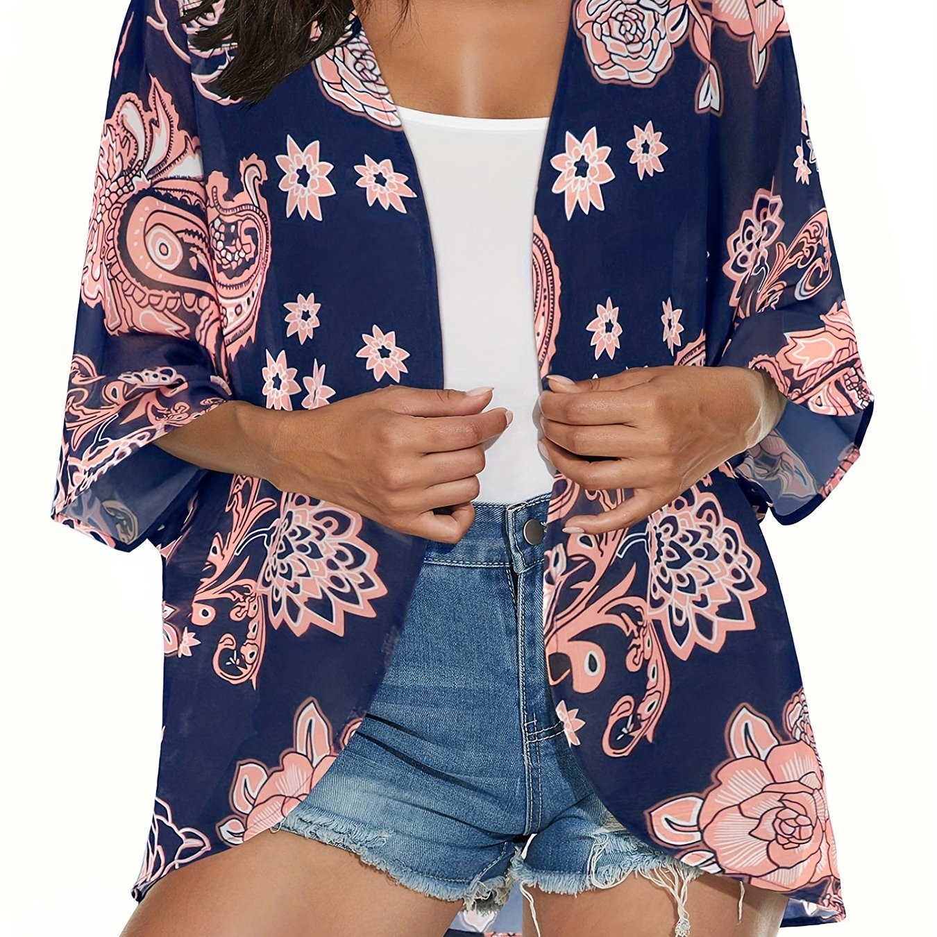 Floral Pattern Shirt Loose Fit V Neck Cover-Up