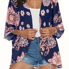 Floral Pattern Shirt Loose Fit V Neck Cover-Up