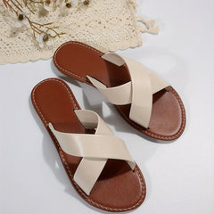 Women's Cross Strap Flat Slides Open Round Toe Slip On Slide Sandals