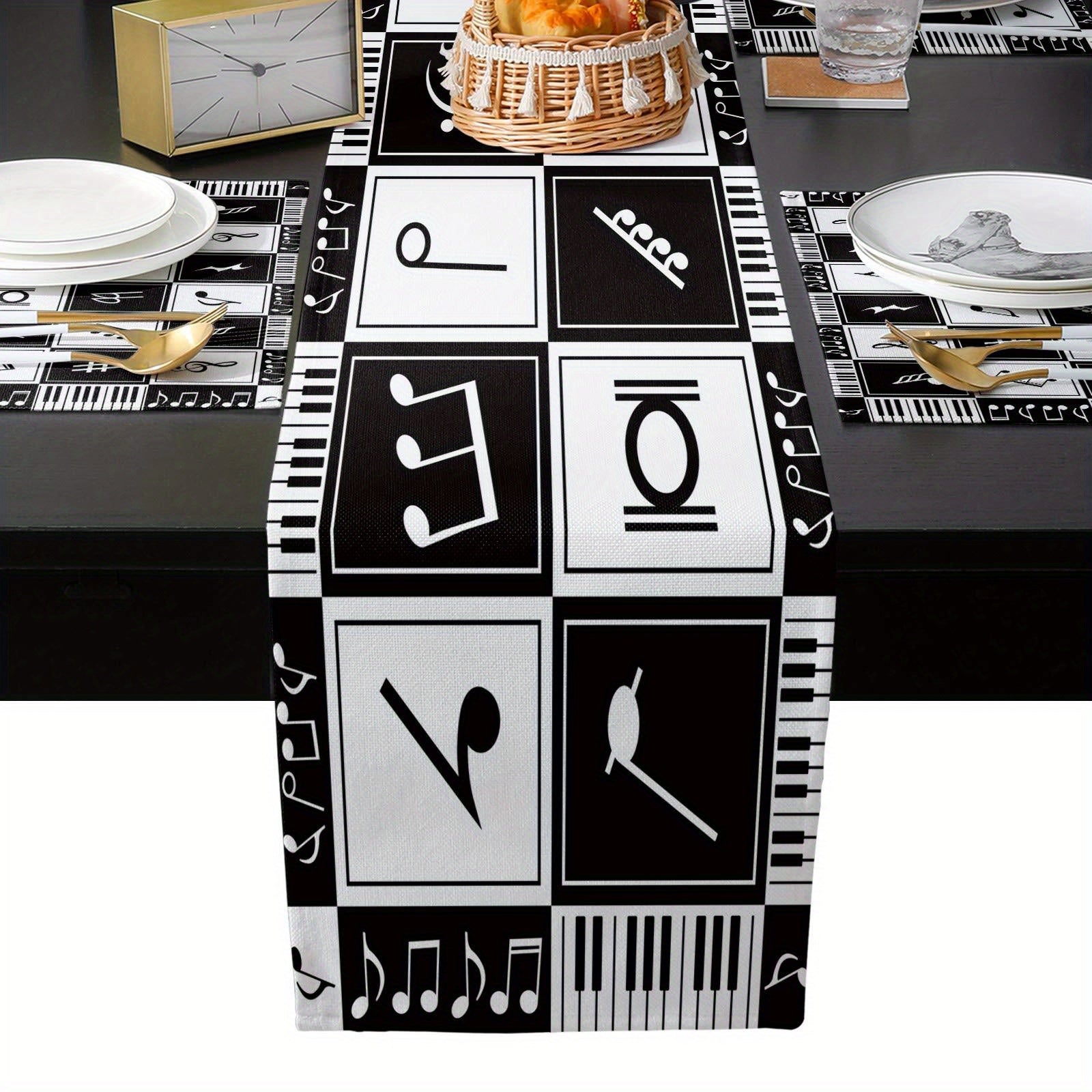 Music Note & Stitching Pattern Linen Table Runner 13x72 Inch