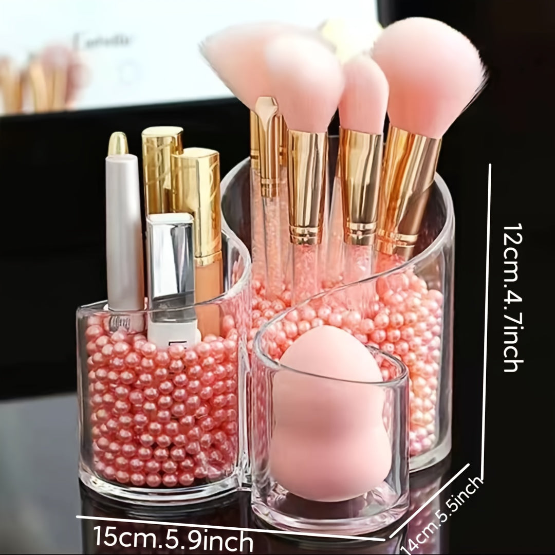 Acrylic Cosmetic Brush Holder with Faux Pearl Makeup Organizer