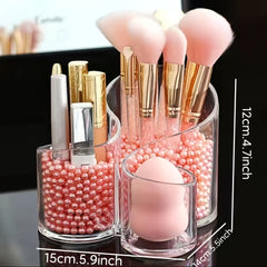 Acrylic Cosmetic Brush Holder with Faux Pearl Makeup Organizer