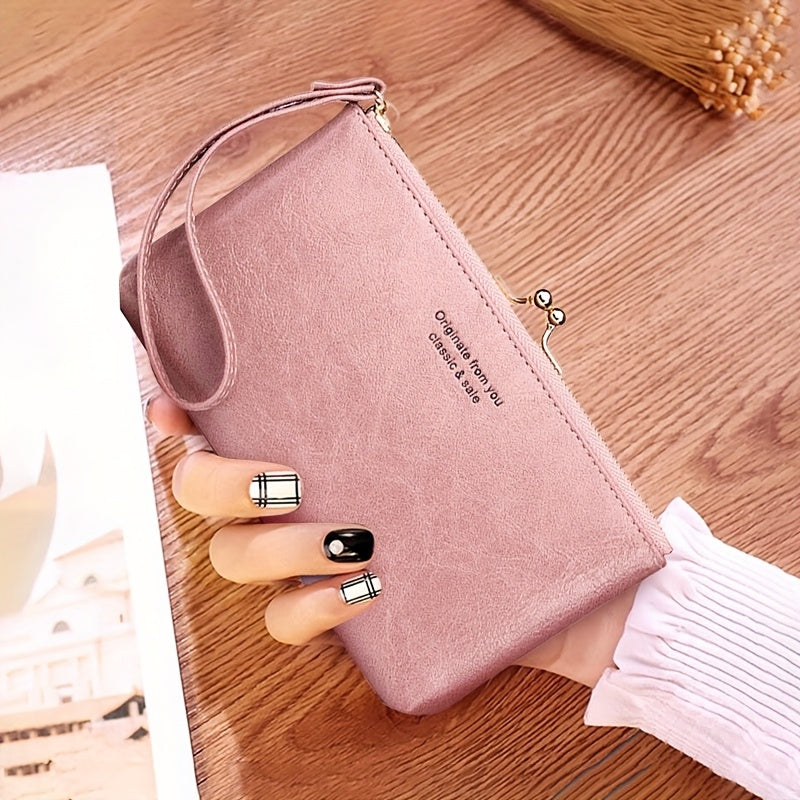 Women's Compact Bifold Wallet Vintage Zipper Kiss Lock Coin Purse