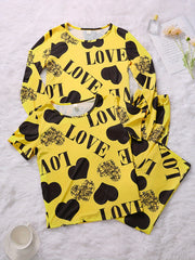 Heart Print Pajamas Set Short Sleeve Crew Neck Top & Long Sleeve Top & Pants