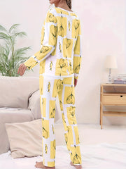 Heart Print Pajama Set Long Sleeve Crew Neck Top & Elastic Waistband Pants