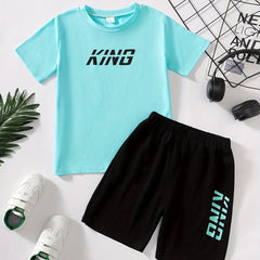 2pcs Boys Casual King Print Tee & Shorts Set Summer Outfits