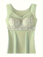 Lace Thermal Tank Top V Neck Padded Floral Print Lingerie