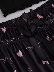 Heart Print Pajama Set Cami Top & Shorts & Pants