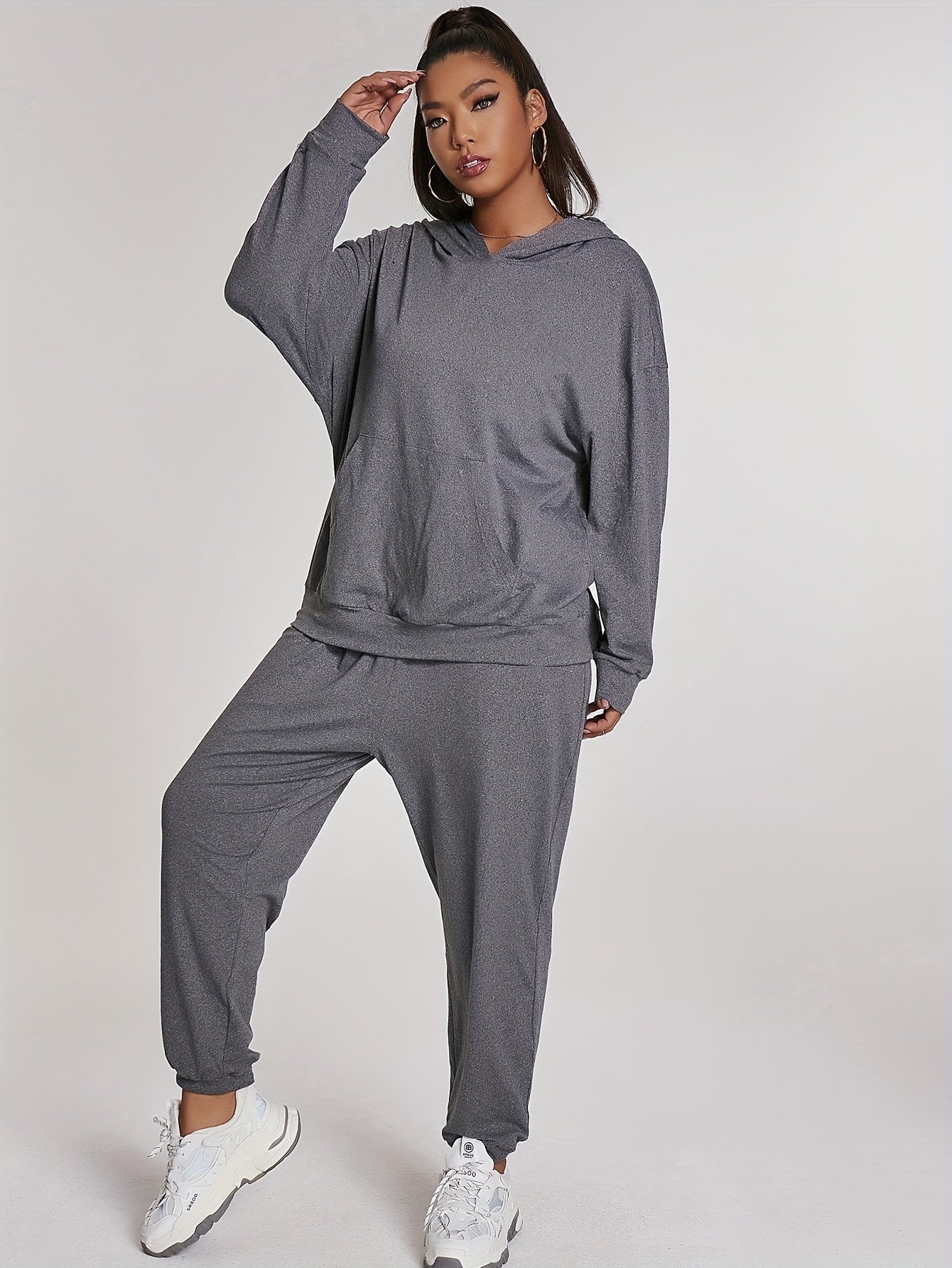Hooded Sweatshirt & Joggers Set Solid Long Sleeve Outfits