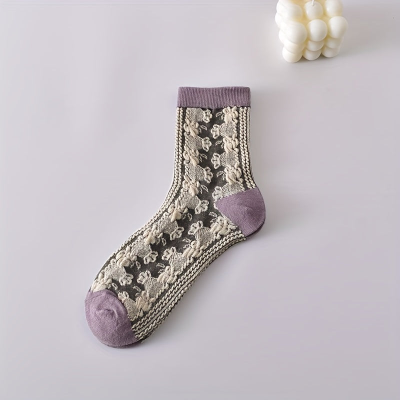 5 Pairs Retro Style Floral Print Colorblock Crew Socks Women's Stockings