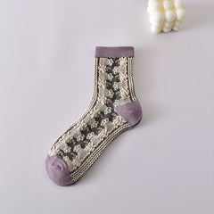 5 Pairs Retro Style Floral Print Colorblock Crew Socks Women's Stockings