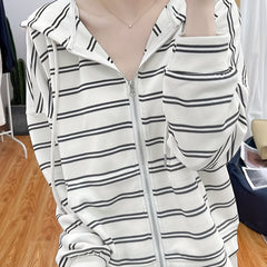 Striped Hoodie Print Zip Up Sweatshirt Spring & Fall Women's Clothing