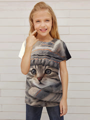 3D Cat Graphic Short Sleeve T shirt for Girls Summer Sports
