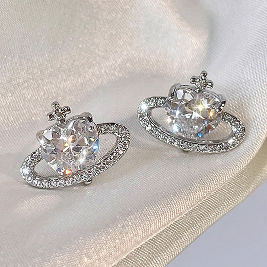 Zircon Love Planet Stud Earrings Women Girls Gift