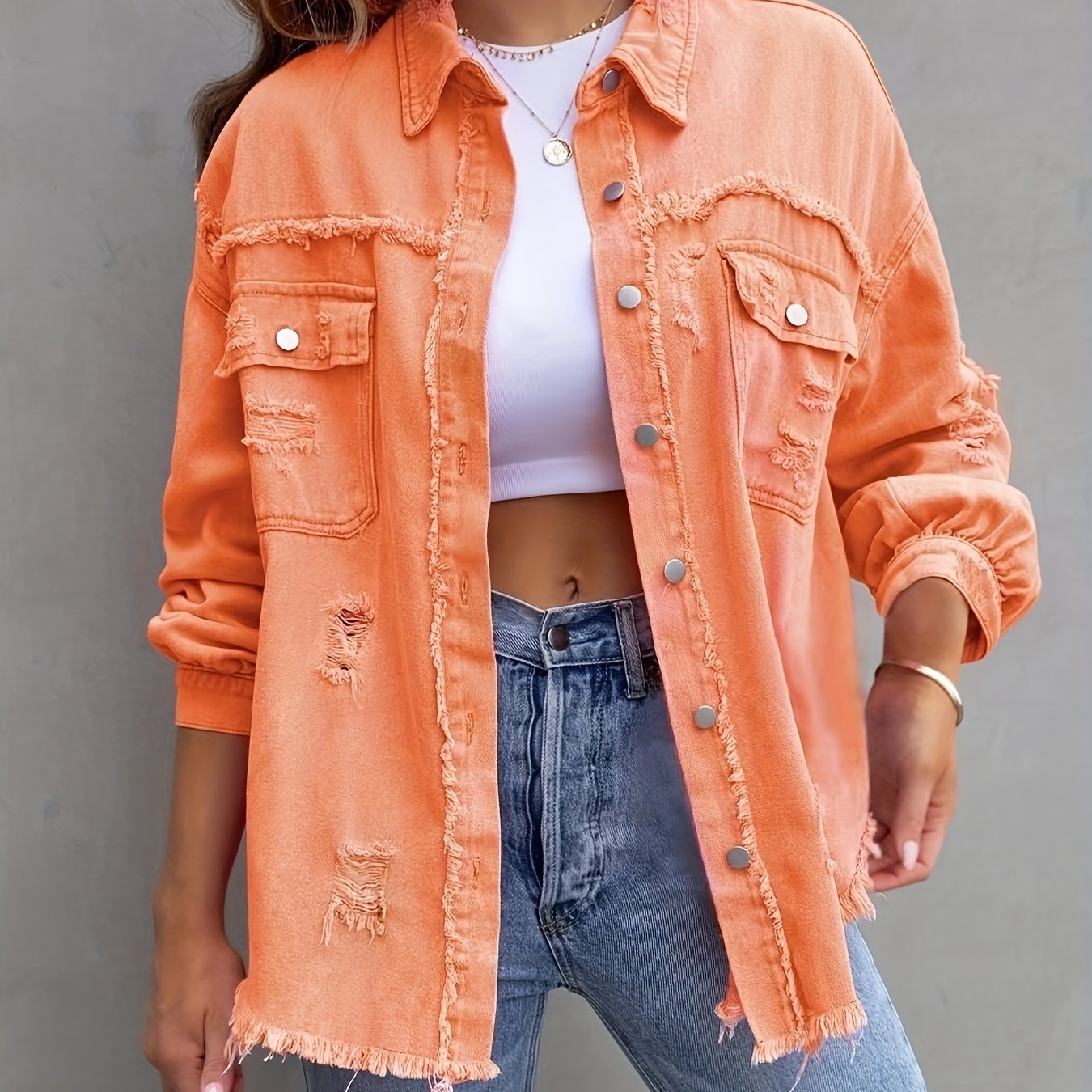 Denim Top Women's Ripped Button Up Long Sleeve