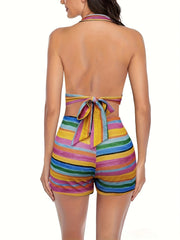 Striped Print Backless Halter Top & High Waist Shorts Set