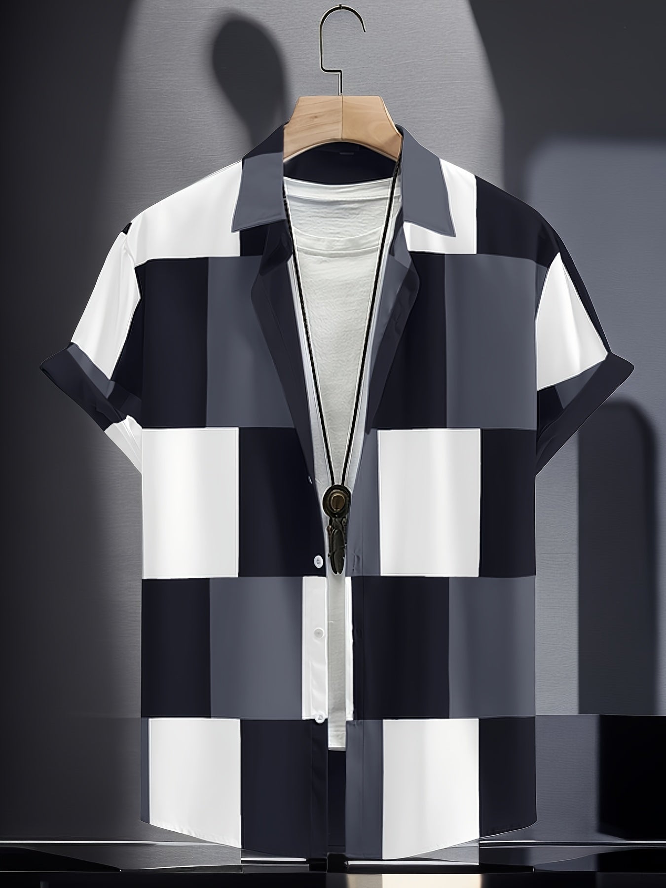 Grid Pattern Men's Short Sleeve Shirt - Summer Casual Button Up