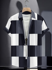 Grid Pattern Men's Short Sleeve Shirt - Summer Casual Button Up