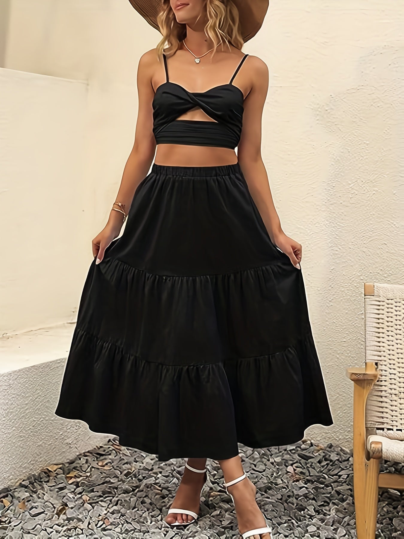 Solid Elastic High Rise Swing Maxi Skirt
