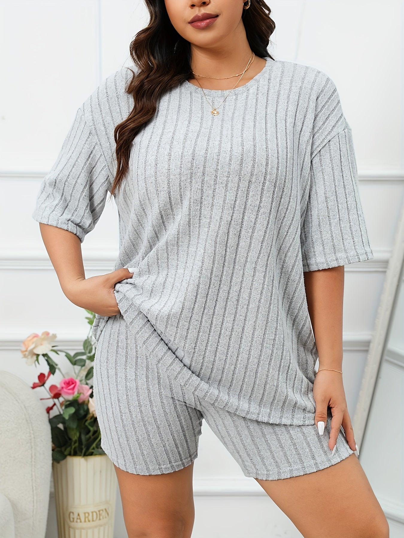 Lounge Set Ribbed Knit Half Sleeve Tee & Biker Shorts Pajama Set