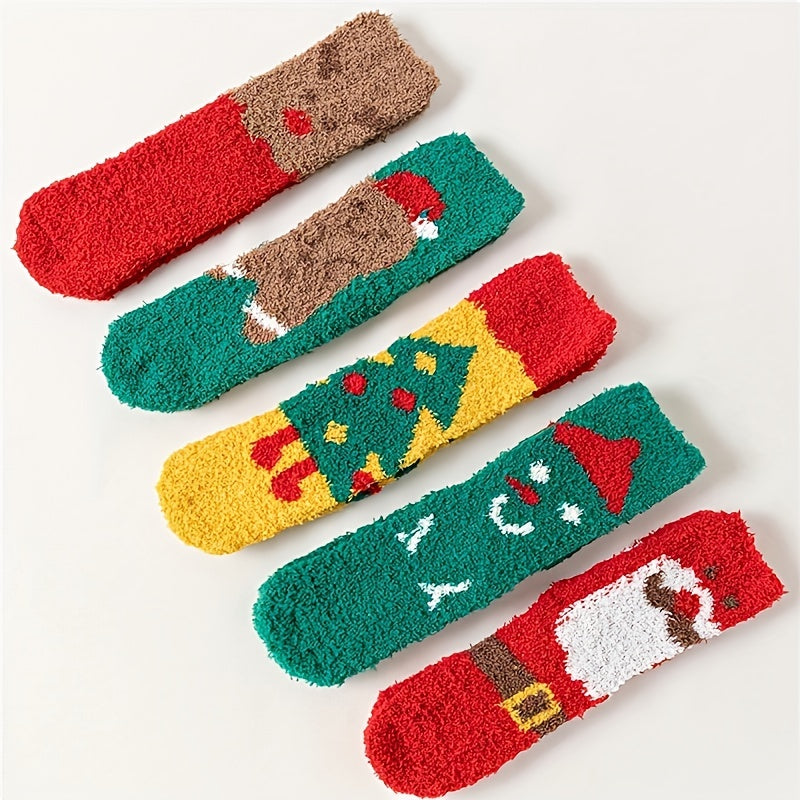 5 Pairs Cartoon Print Fuzzy Socks Warm Christmas Mid Tube Women's Stockings