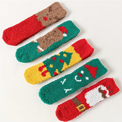 5 Pairs Cartoon Print Fuzzy Socks Warm Christmas Mid Tube Women's Stockings