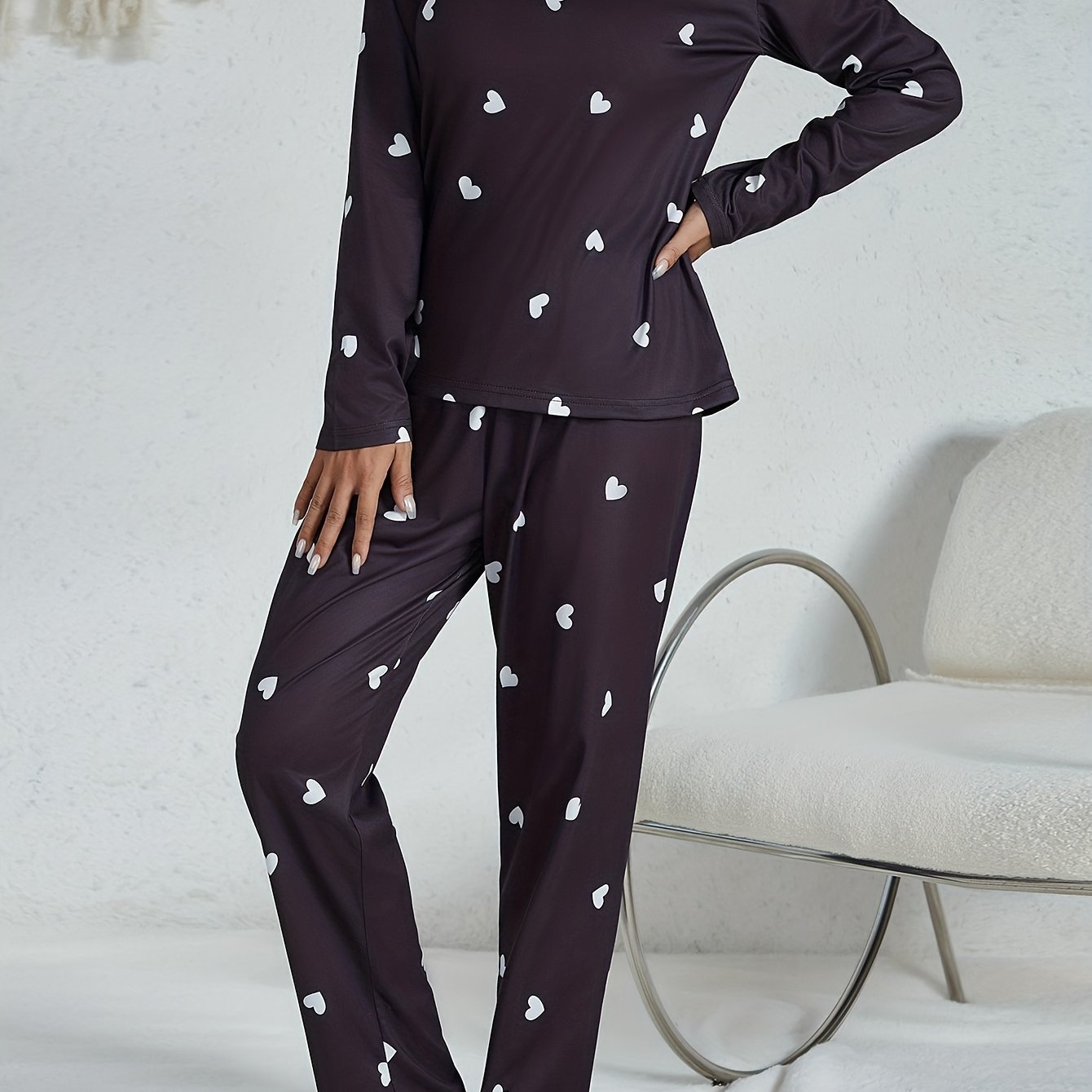 Heart Print Pajama Set Long Sleeve Top & Pants