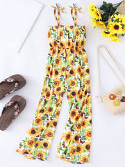 Girls Sunflower Print Cami Romper Jumpsuit Flare Leg Pants Overalls Kids Summer