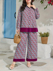 Geometric Print Blouse & Wide Leg Pants Set
