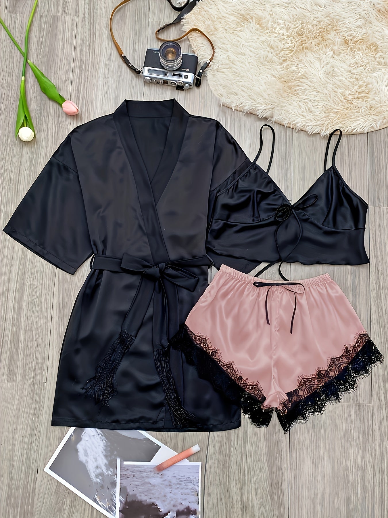 3 Piece Satin Pajama Set with Lace Trim Shorts
