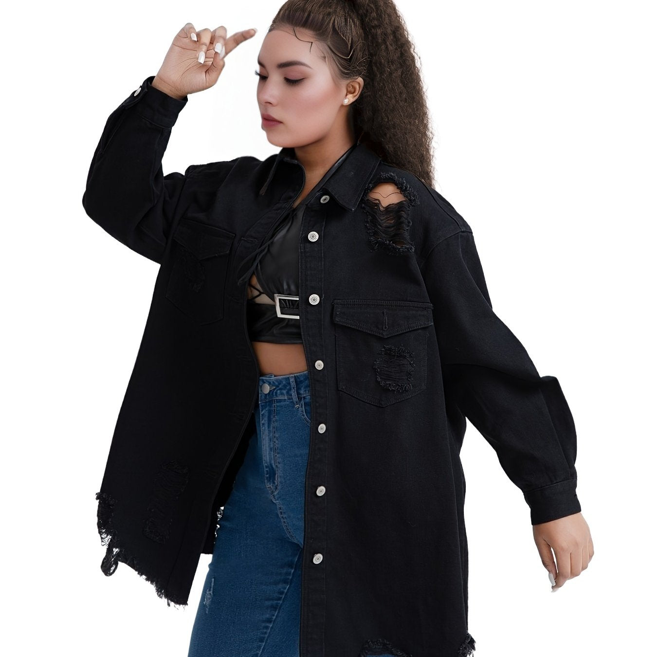 Oversized Denim Jacket with Fringe Trim