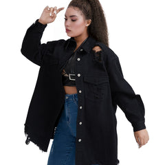 Oversized Denim Jacket with Fringe Trim