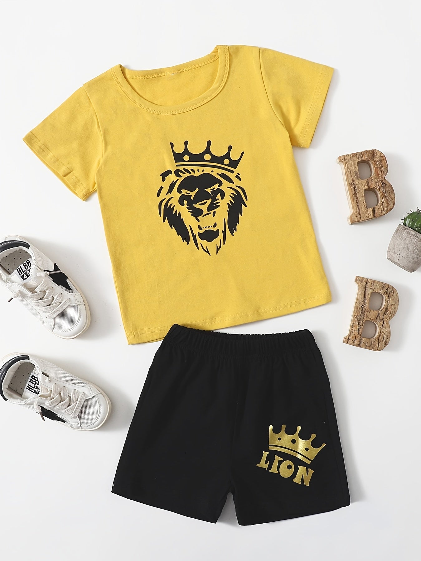 Boys Lion Head Print T-Shirt & Shorts Set Summer Clothes