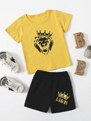 Boys Lion Head Print T-Shirt & Shorts Set Summer Clothes