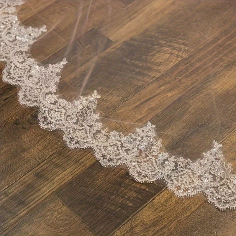 Vintage Style Bridal Veil with Lace Trim 2 Layer Headscarf