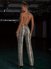 Sexy Print Summer Pantsuits Lace Up Halter Tops & High waisted Pants Set