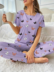 Butterfly Print Pajama Set Short Sleeve Crew Neck Top & Elastic Waistband Pants
