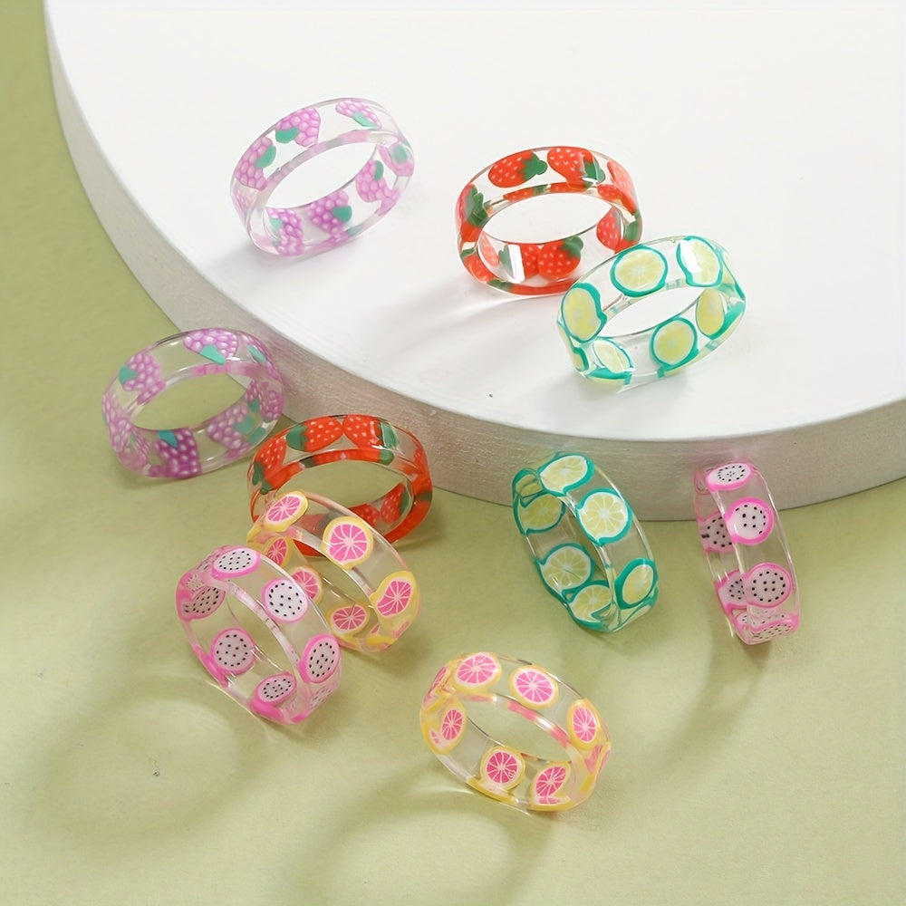 10pcs Girls Resin Fruit Rings Kids Birthday Gift