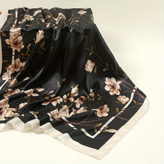 Magnolia Print Square Scarf Vintage Silky Bandana Woman Neckerchief